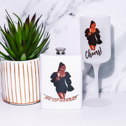 'Cheers' Wine Glass & Hip flask Set