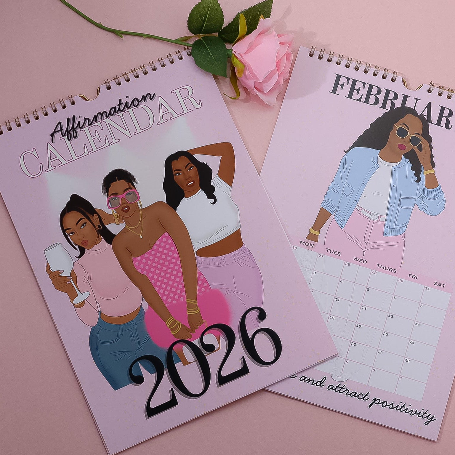 2026 affirmation calendar with illustrations of black women on a pink background