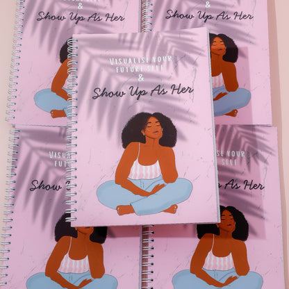 Set of notebooks with illustrated woman on pink background
